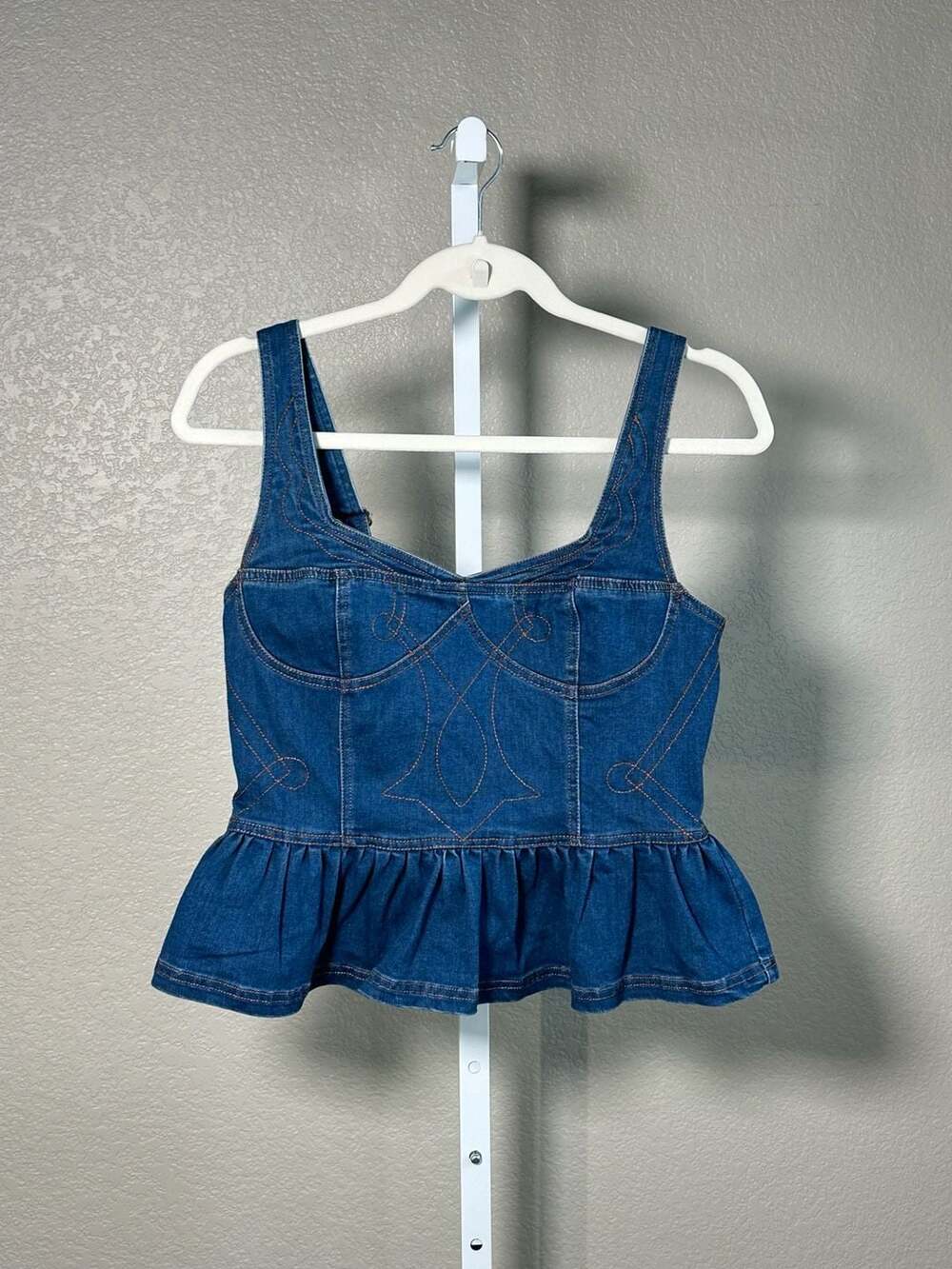 Moon River Western Embroidered Denim Peplum Corset Top